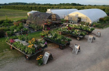 Barthel green houses and orchards with four trailers carrying various plants